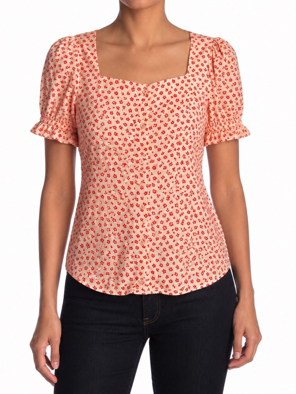 Elodie Nordstrom Floral Puff Sleeve Square Neck Blouse Pink Red CottageCore Top